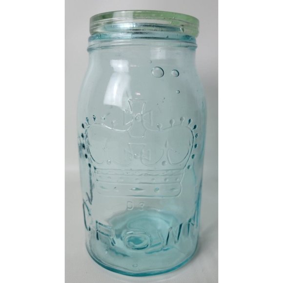 Crown Other - Vintage Crown Blue Glass Quart Canning Jar w. Glass‎ Lid Bubbles D3